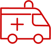 Symbole rouge contour d'ambulance avec croix médicale. Représente secours et urgence santé.