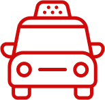 Icône rouge d'un taxi vu de face. Représente un service de voiture ou transport.
