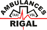 Logo Ambulances Rigal : Texte incurvé AMBULANCES, RIGAL en bas, bâtiment stylisé 1997 traversé par une ligne cardiaque rouge.